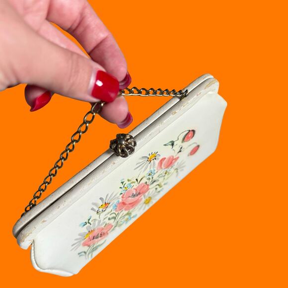 50's 60's vintage white handprinted floral clutch bag *flaws* lily bet - Picture 4 of 9